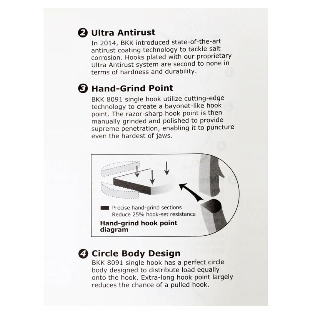 Technical specifications and features of BKK hooks on a white background