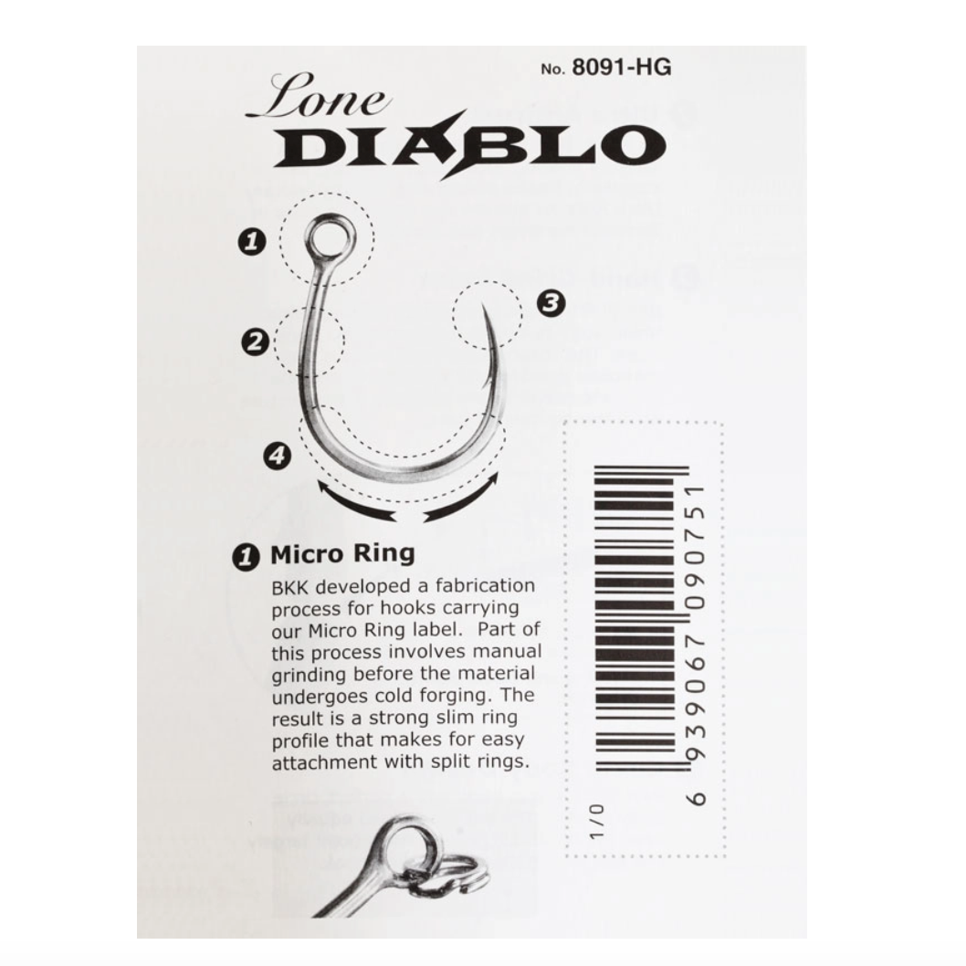 Lone Diablo fishing hook packaging with detailed diagram and text on a white background