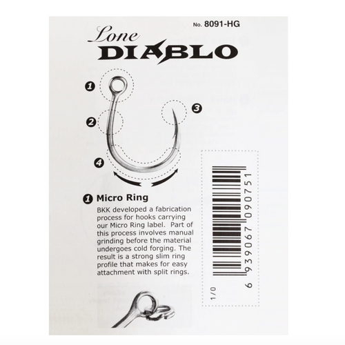 Lone Diablo fishing hook packaging with detailed diagram and text on a white background