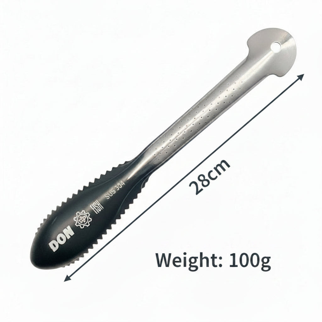 One-piece stainless fish scaler with spoon end — NZ fishing Don Fish Gear